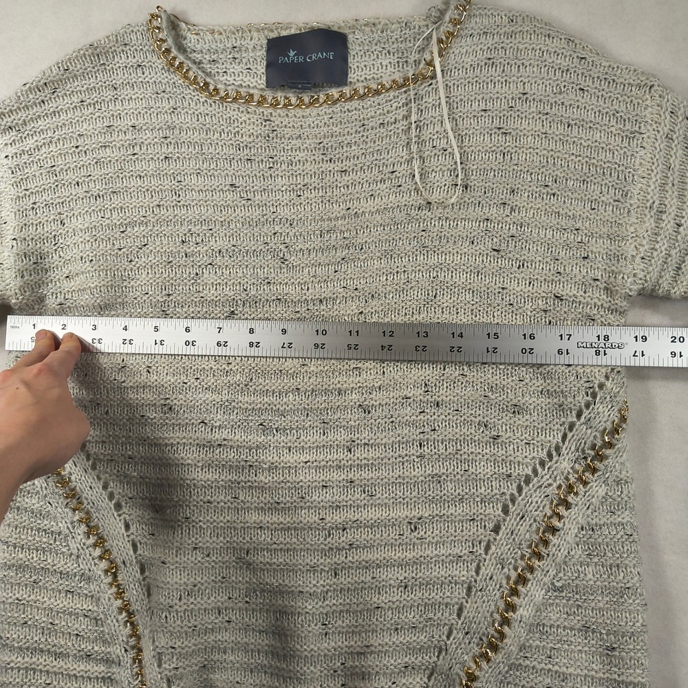 Paper Crane Sweater Gray  Knit Long Sleeve Metallic Gold Chain Trim Cozy Chic‎ - Picture 7 of 10